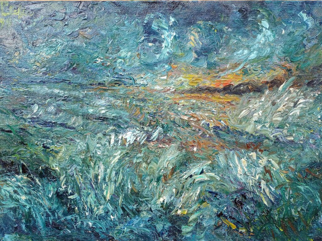 Mare impetuoso al tramonto olio su canapa by Antonino Puliafico