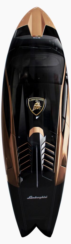 Exclusive to Belart Gallery. the custom-made wooden stand is provided with the artwork. This striking artwork features the sleek design of a Lamborghini-themed speedboat. Drenched in a luxurious black and gold palette, the boat's aerodynamic shape is accentuated by sharp lines and an aggressive stance. The prominent Lamborghini logo, meticulously emblazoned in gold on the dark hull, asserts power and prestige. The boat's surface showcases a seamless fusion of form and function, where stylish air vents and angular contours enhance its performance-oriented aesthetics. The glossy finish reflects light dynamically, evoking a sense of speed even in stillness. This masterpiece not only captures the essence of Lamborghini's iconic style but also embodies the thrill of high-speed aquatic adventure. It stands as a testament to innovation and elegance, captivating enthusiasts and art admirers alike.