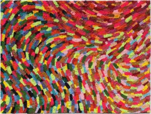 This vibrant artwork is a dynamic explosion of color, capturing the viewer with its swirling motion and rhythmic energy. The painting is composed of countless, small brushstrokes meticulously layered to create an intricate pattern of movement across the canvas. Bold reds, blues, yellows, and greens interplay harmoniously, forming a tapestry of hues that seem to pulse and sway. The swirling design evokes a sense of fluidity and transformation, as if the colors are in constant motion. This optical dynamism invites viewers to journey through its undulating patterns, discovering new combinations and contrasts at every turn. The artwork's ability to engage and mesmerize lies in its masterful use of color and form, making it a captivating centerpiece that speaks to the transformative power of art.